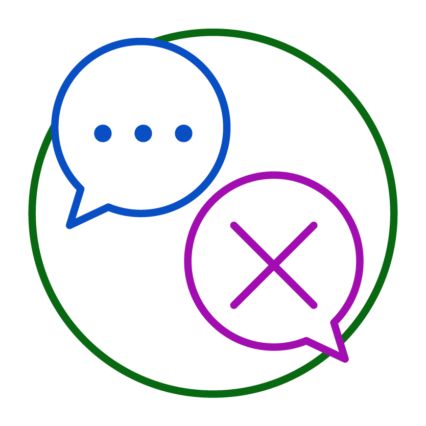 2 speech bubbles. One has a cross in it.