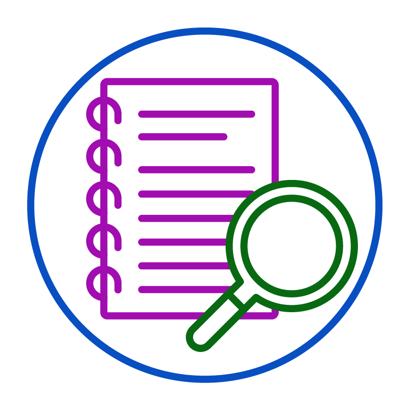 A document and a magnifying glass.