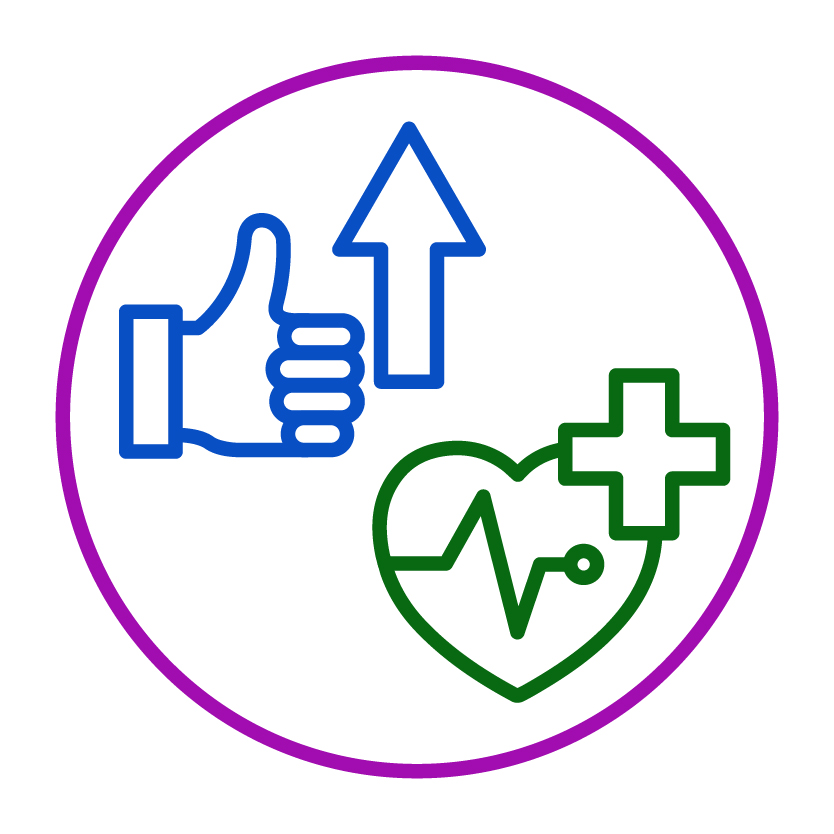 An upwards arrow and a thumbs up next to a healthcare icon.