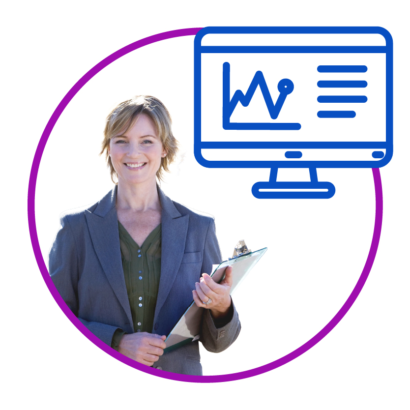 A researcher holding a clipboard next to a computer with a graph on it.