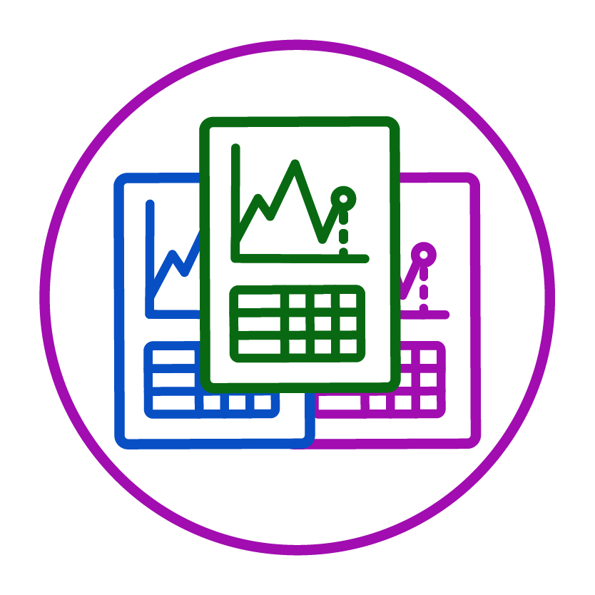 3 documents with data tables and graphs on them. 
