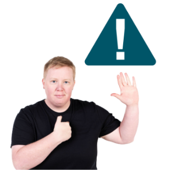 A person pointing to themselves and raising their other hand next to a problem icon. 