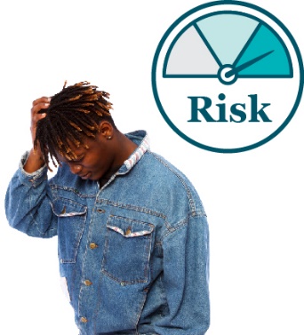 A person with their head in their hands and a high risk icon.