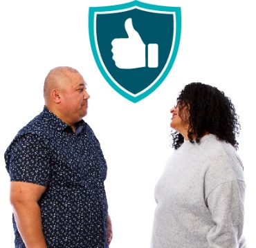 A safety icon above 2 people having a conversation.