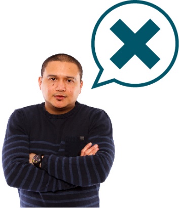 A person crossing their arms beneath a cross in a speech bubble.
