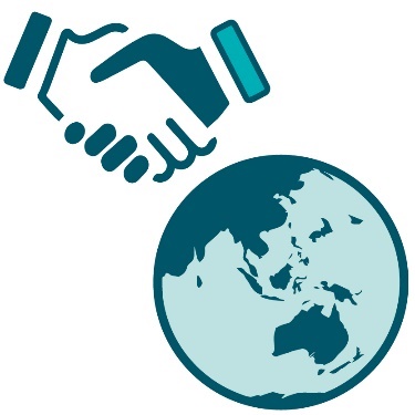 A handshake icon and a world icon. 