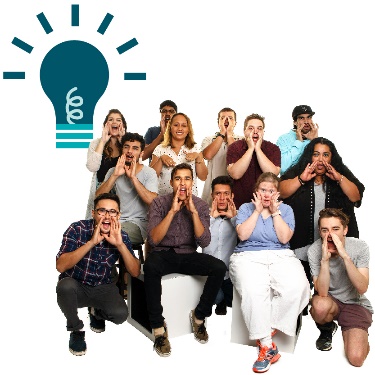 A group of people all saying something together. Above is an ideas icon. 