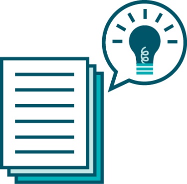 A large document beneath a lightbulb inside a speech bubble.