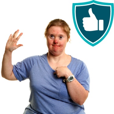 A person pointing at themselves next to a safety icon.