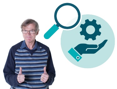 A person giving 2 thumbs up, a magnifying glass and a services icon.