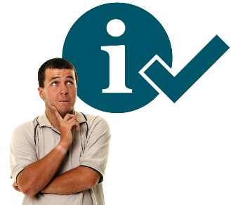 A person thinking, an information icon and a tick.