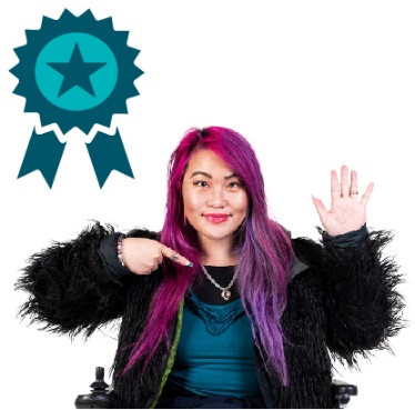 A ribbon showing a star next to a person pointing at themselves and raising their hand.