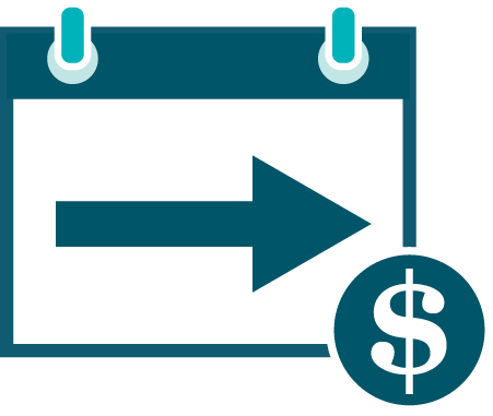 A calendar showing an arrow poiting forward and a dollar sign.