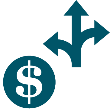 A dollar sign and an arrow splitting off into 3 directions.
