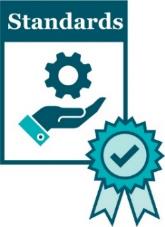 A standards document with a services icon on it. There is an approval sticker on the document.