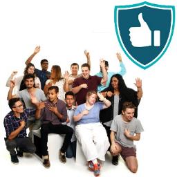 A group of people with their hands up. Above is a safety icon.