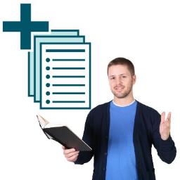A person reading from a document. Above is a stack of documents with a plus sign on them.