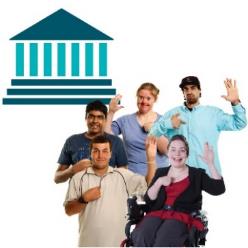 A government building. There is also a group of people with their hands raised, pointing at themselves. 