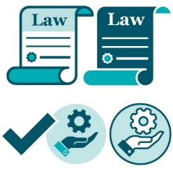 Two different law icons. Below is a tick next to two different services icons.