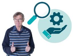 A person giving two thumbs up. Next to them is a services icon with a find symbol on it.