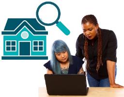 Two people looking at a laptop together. Above is an icon of a house with a find symbol.