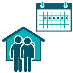 An icon of two people in front of a house. Above is an icon of a calendar with a week crossed out.