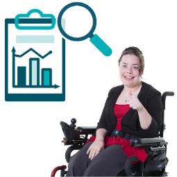 A person in a wheelchair pointing at themselves. Above is a data icon and a research icon.