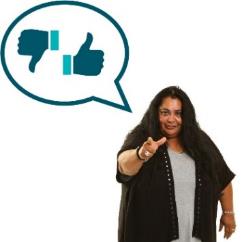 A person pointing at you. They have a speech bubble with a thumbs up and a thumbs down.