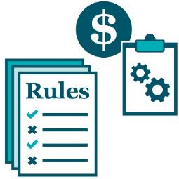 A rules icon next to a services icon with a money symbol on it.