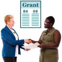 Two people agreeing about a document. Above is a grant icon.