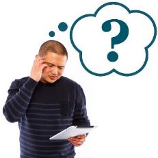 A person reading a document with a thought bubble and a question mark inside it. 