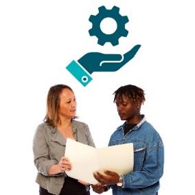 Two people looking over a document. Above is a services icon. 