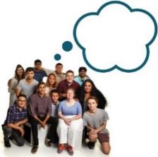 A photo of a group of people with a shared thought bubble. 