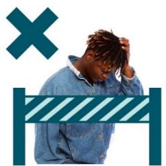 A person holding their head while standing behind a barrier. Above is a cross icon. 