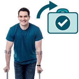 A person walking on crutches. They have an arrow pointing to a briefcase with a tick on it. 