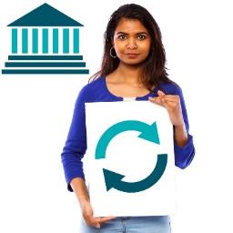 A government building. In front is a woman holding a change icon.