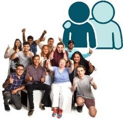 A group of people with their hands raised. Above is an a support icon.