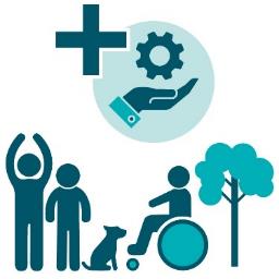 An icon of a group of people in a park. Above is a services icon with a plus symbol.