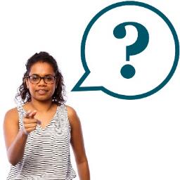 A person pointing at you. They have a speech bubble with a question mark.