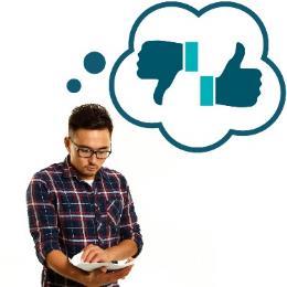 A person reading a document. They have a thought bubble with a thumbs down and a thumbs up.