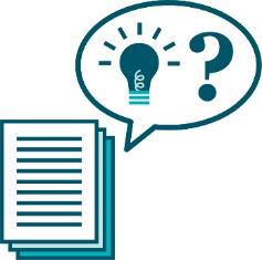 A stack of documents with a speech bubble. In the speech bubble is an ideas icon and a question mark.