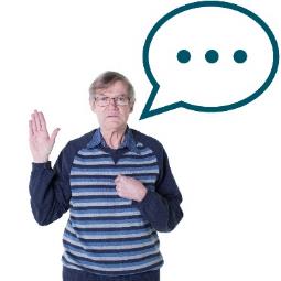 A person pointing at themselves with their hand raised. They have a speech bubble with three dots in it.
