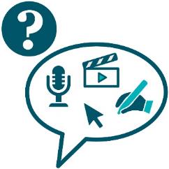 A speech bubble with an audio icon, a video icon, a website icon and a writing icon inside it. Above is a question mark.