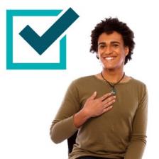 A person pointing at themselves. Above is a ticked box. 