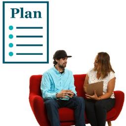 A person talking to someone else. Above is a Plan icon. 