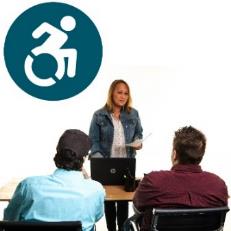 A group of people listening to someone talk. Above is a disability icon. 