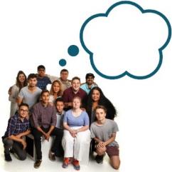 A photo of a group of people with a shared thought bubble.