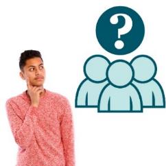A person with their finger on their chin. Next to them is an icon of a group of people with a question mark above them.
