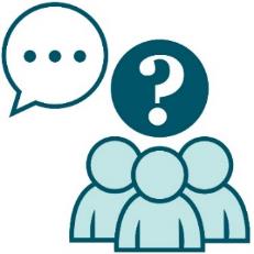 An icon of a group of people with a question mark above them. There is also a speech bubble.