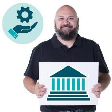A person holding up an icon of a government building. Above is a services icon.